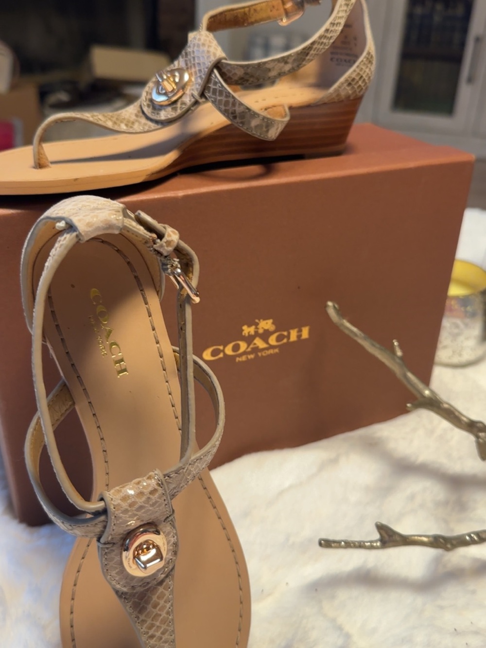 Coach Beige Snakeskin Wedge Thong Sandals with Gold Accent